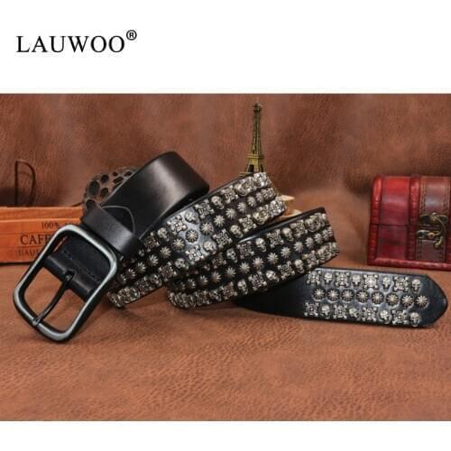 Pure handmade rivets metal leather belt 3.8cm head layer of leather leisure mens belt punk style designer for
