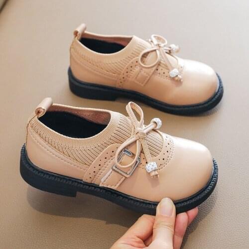 2021 Winter Autumn Girls Princess Shoes New Fashion Children Leather Shoes Soft Sole Rubber Shoes Knitting Breathable Kids Shoes