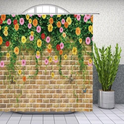 Spring Flower Shower Curtain Bathroom Decor Butterfly Floral Plant Vine Green Leaf Brick Wall Home Bathtub Polyester Curtain Set