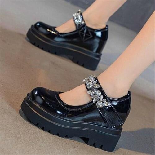 Marty Janes Women Diamonds Real Leather Ankle Boots Platform Wedge High Heel Oxfords Punk Creeper Shoes 34 -39