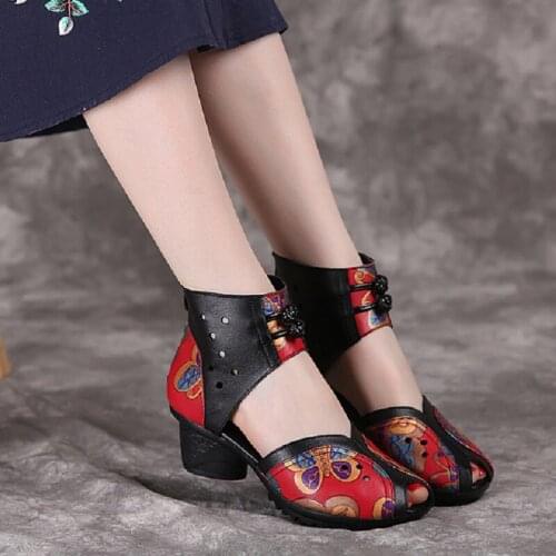 Summer Retro China Style Genuine Leather Floral Women Sandals Chinese knot Peep Toe Zipper Cover Heel Lady Dance Shoes 20190605