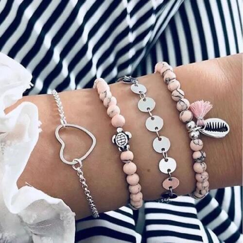Pink Stone Bracelets for Women Vintage Turtle Shell Big Heart Love Boho Strand Bracelet Set Tassel Wristband Jewelry 2019