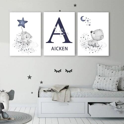 Stars Moon Cloud Wall Art Painting Bear Print Custom Name Canvas Poster Nursery Art Prints Nordic Wall Pictures Baby Room Decor