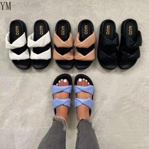 021 Women Sandals Slip on Slides Fashion Brand Leather Flat Sandals Female Shoes Outdoor Casual Flip Flops Zapatillas Mujer Casa