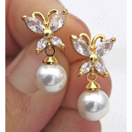 Bohemian Pearl Earrings for Women Gold Plating Butterfly Earring With Cubic Zircon Boho Stud Earrings Trendy Wedding Jewelry