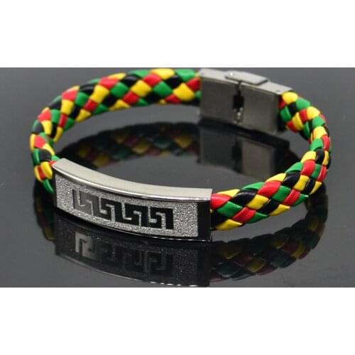 Stainless Steel Clasps Bracelets Africa Red Yellow Green Black Leather Weave Wristbands Fashion Jewelry