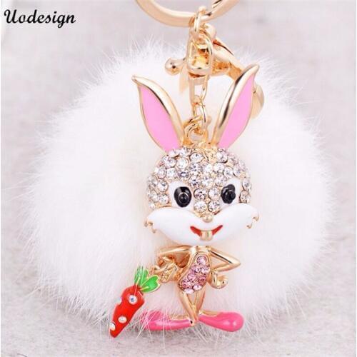Crystal Rabbit key ring rabbit hair ball key holder luxury lady bag charm pendant car key chains best birthdays gift