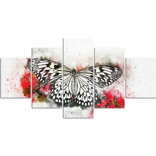 Black White Butterfly on Red Flower 5 pcs Modern Home Wall Decor Canvas Picture Art HD Print Painting On Canvas for Living Room