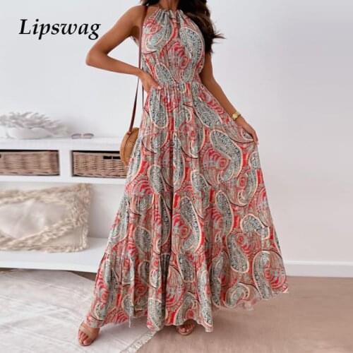 Elegant Fashion Women Long Dress Bohemian Vintage Print Halter Party Dresses Chic Lady Sleeveless Backless Dress Summer Vestidos