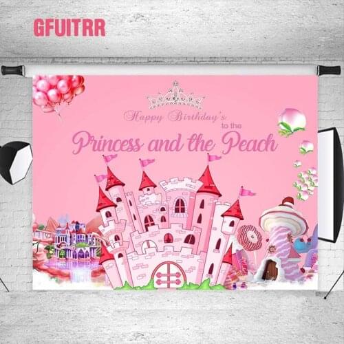GFUITRR Princess Peach Castle Photography Backgrounds Birthday Photo Backdrops Pink Cartoon Decor Banners Vinyl Photo Props