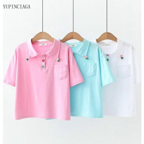 Harajuku T Shirt 2021 Summer Japan Style Cute Butterfly Embroidery Women Turn Down Collar Sweet Short Sleeve Girl Tops 2114278