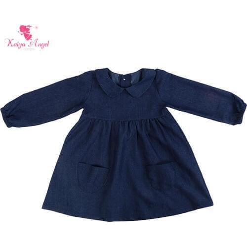 Kaiya Angel Kids Dresses Navy Demin Long Sleeve Children Girls Dress Fall Autumn Clothes With Button 5pcs/lot