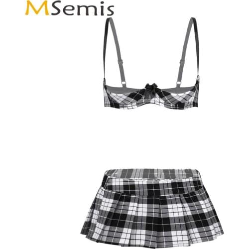Women Naughty Schoolgirl Cosplay Lingerie Set Clubwear Erotic Open Cup Bra with Mini Pleated Skirt Sexy Role Play School Uniform
