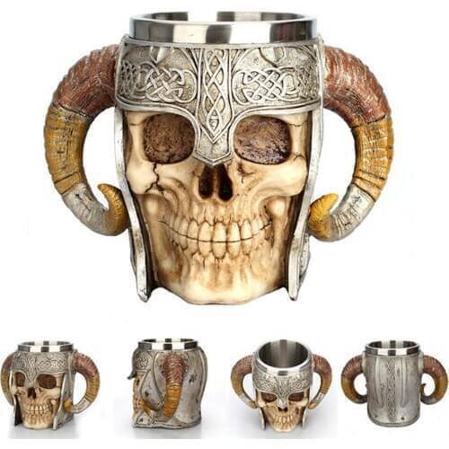 Hot Retro Horn Skull Resin Beer Mug Stainless Steel Skull Knight Halloween Coffee Cup Viking Tea Mug Pub Bar Decoration
