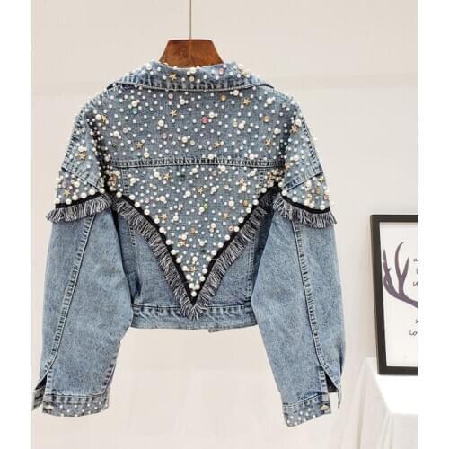 Womens autumn winter casual loose pearl star beaded denim jacket female high waist plus size jean short jacket outwear TB852