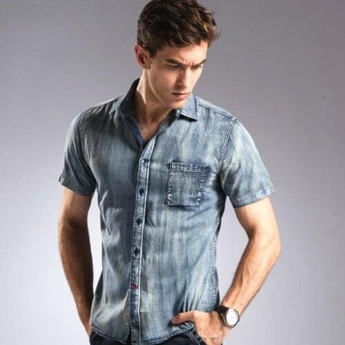 Summer 3XL XL Casual Mens Denim Short Sleeve Shirt , 2018 New Male Man Single Breasted Cardigan 100% Cotton Shirts , Men Blouse