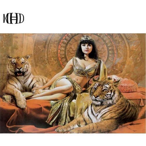 MHD Full & Round DIY Diamond Painting Woman Tiger Diamond Embroidery 3D Diamond Cross Stitch Mosaic Tiger Decoration Gifts