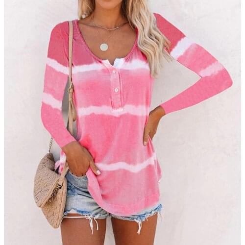 Women Fashion Tie dye Stripe T-Shirt 2021 Spring New Long Sleeve Pullover Tops Casual Slim-fit Buttons Tee Shirt Plus Size S-5XL