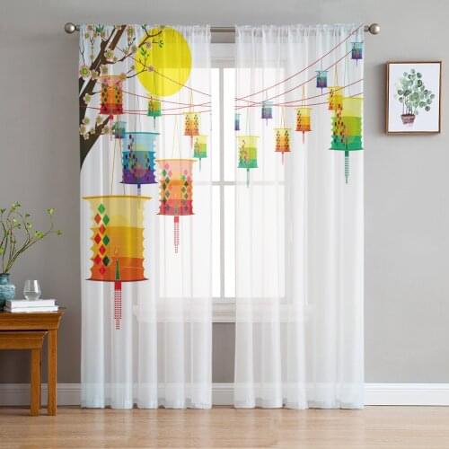 Youth Bedroom Sheer Curtains Lantern Paper Colorful Kitchen Study Curtains Living Room Holiday Decor Tulle Curtains