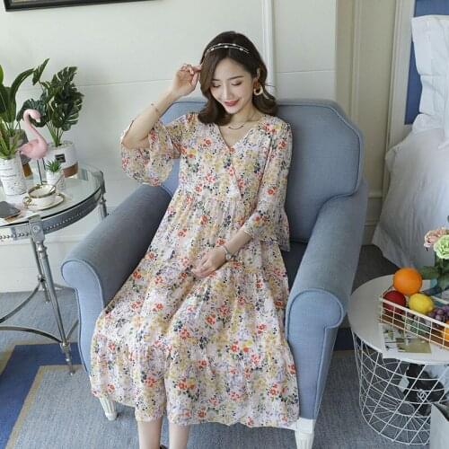 New Summer Pregnant Women V-neck Chiffon Dress Fashion Elegant Floral Maternity Long Dress Sweet Pregnancy Cothes