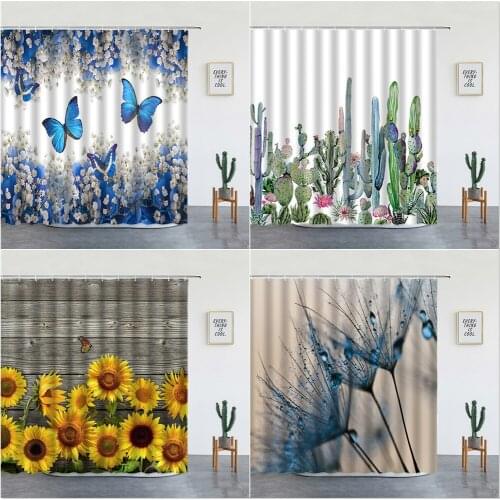 Flower Butterfly Scenery Shower Curtains Set Cactus Sunflower Dandelion Wall Hanging Bathroom Decor Bathtub Screen With Hooks