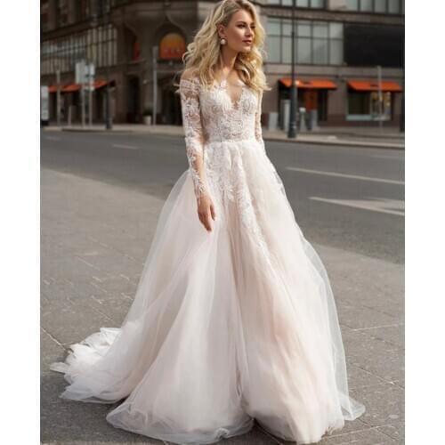 Wedding Dress A-Line Sheer Neck Full Sleeve Backless Button Tulle Floor Length Sweep Train Elegant Bride Gown Custom Made 2021