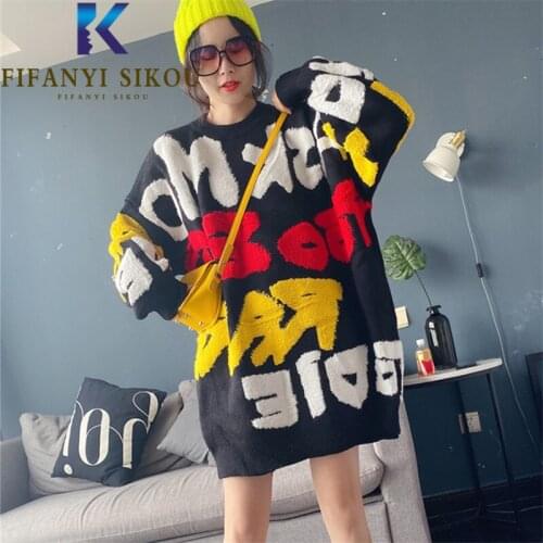 2021 Autumn Winter Sweaters Women Thick Warm Pullover Letter Embroidery Fashion Knitted Sweater O-Neck Long Sleeve Loose Tops