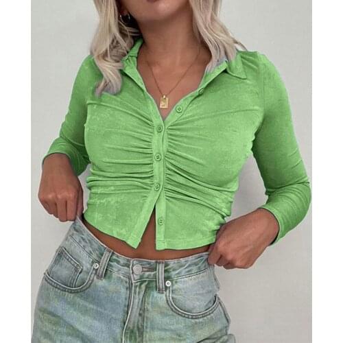 Ladies Solid Buttoned Lapel Tops Fall Summer Long Sleeve Split Crop Tops Women Slim Fit Ruched T-shirts Casual Street 3 Colors