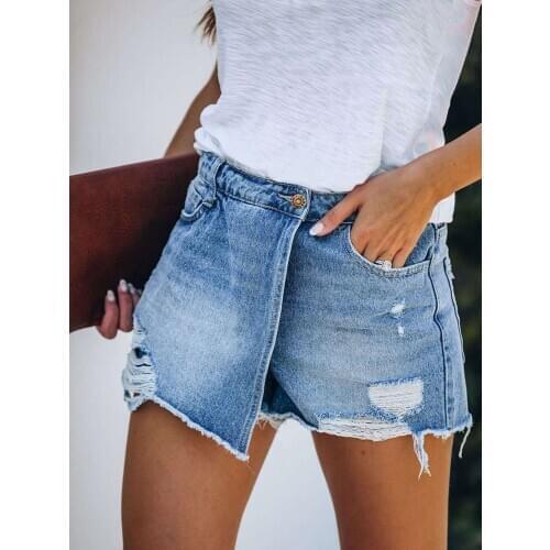 Hole High Waist Women Casual Jeans Shorts Skirts Cotton Pure Blue Straight Ripped Sexy Denim Shorts Skirts For Lady