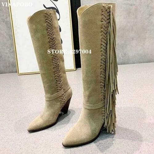 High Quality Tassels Knee High Boots Women Spike Heel Genuine Leather Long Boots High Heel Women Shoes Pointe Cowboy Boots Wome