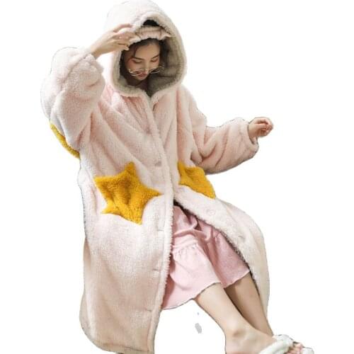 3511-6 Winter Womens Warm Robe Coat With Pocket Flannel Plush Bathrobe Striped Long Sleeve Gown Pajamas For Women Sleep Tops