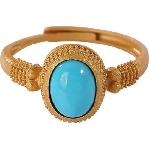 S925 sterling silver gold-plated turquoise ring personality affordable luxury simple graceful Oval Womens Open ring