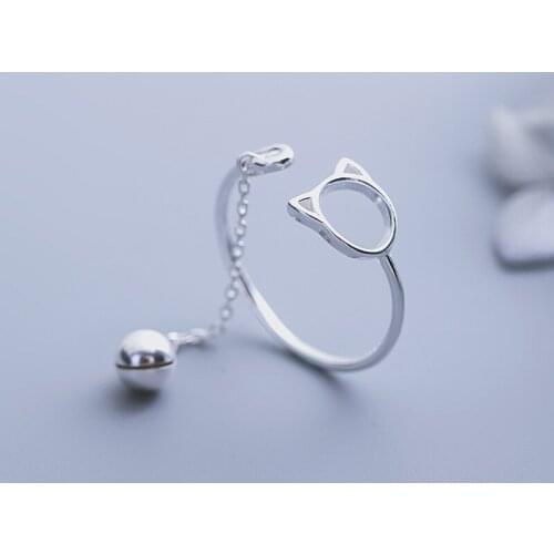 S925 sterling silver Cute Cat Female Ring Animal Hollow Bell Opening Adjustable Fashion Simple Girl Jewelry Gift Direct Selling