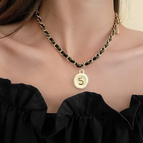 GSOLD Leather Winding Metal Chain Necklace Women Statement Clavicle Chain Enamel Pendant Vintage Necklace Trendy Party Jewelry