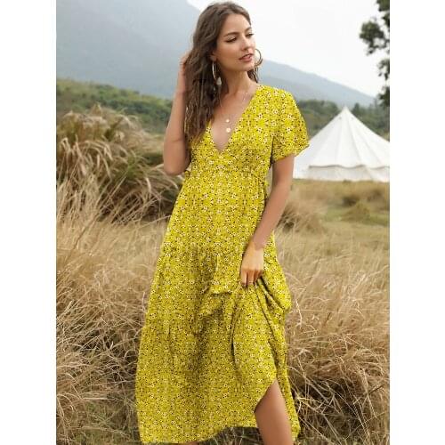 Womens Dress Ruffled Bohemian 2021 New European Short Sleeve V-neck High Quality Fashion Loose Spring Summer Party Elegant