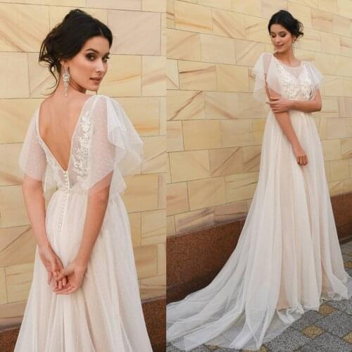 Boho Sleeves A-line Cahmapgne Snow Tulle Bridal Dress Beading Belt Sexy Wedding Dress vestido de novia corte sirena