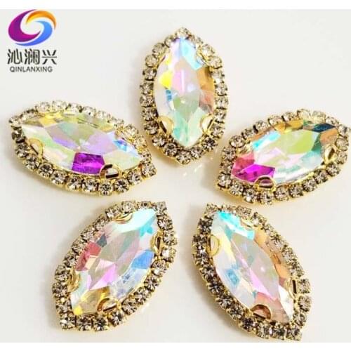 Gold bottom AB color Top grade Glass Crystal buckle, eye shape sew on rhinestones with holes,Diy/jewelry accessories SWEKG06