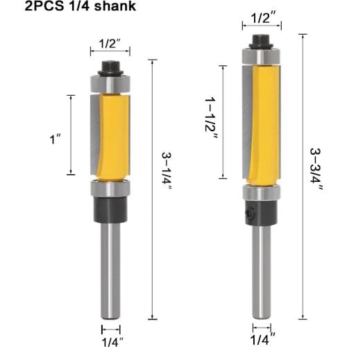2pcs 1/4" 6.35mm Shank Flush Trim Top & Bottom Bearing Router Bits Set 6.35x12.7x25.4mm | 6.3512.7x38mm Wood Milling Cutters