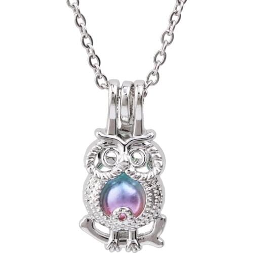 1pc Silver Plated Cute Hollow Owl Oyster Pearl Cage Lockets Necklace with 20'' Stainless Steel Chain for Essential Oil Diffuser