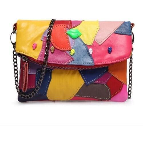 100% sheepskin female bag new color small square bag stitching sheepskin shoulder bag retro chain messenger bag