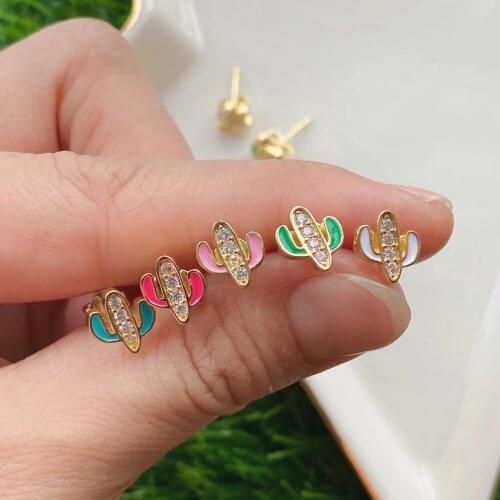 5 Pairs, Enamel CZ Pave Cactus Earrings Creative Summer Plant Earrings for Women Girls Teens Jewelry Cute 2021 New Fashion