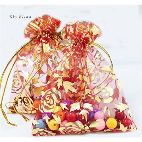 50pcs 7x9 9x12 11x16 13x18 15x20 20x30cm Roses Gilding Organza Jewelry Bags Wedding Party Decor Gift Pouches Favors 7Z