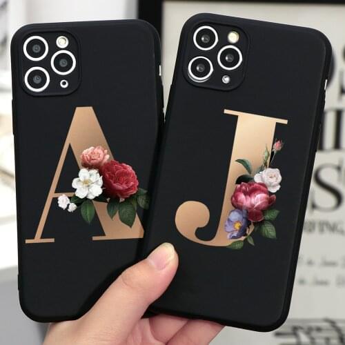 Gold Letter Alphabet Flowers Print Floral Simple Black Phone Case For OnePlus 8 Pro 7T 6T 7 Pro 6 Coque Silicone Couple Covers