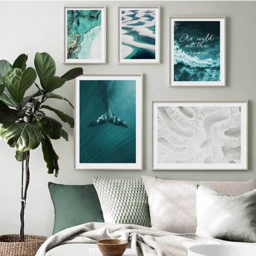Green Ocean Waves Whale Canvas Poster Aerial View Seascape Painting Art Print Landscape Artwork Picture Nordic Home Wall Decor