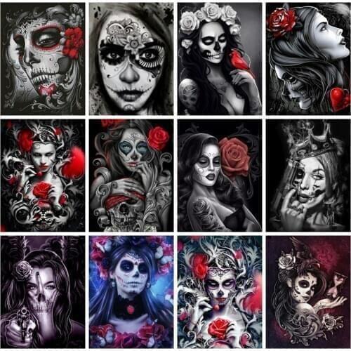 Huacan Diamond Painting Set Horror Girl Mosaic Skull Woman Home Decor Embroidery Black Red Portrait Diamond Art