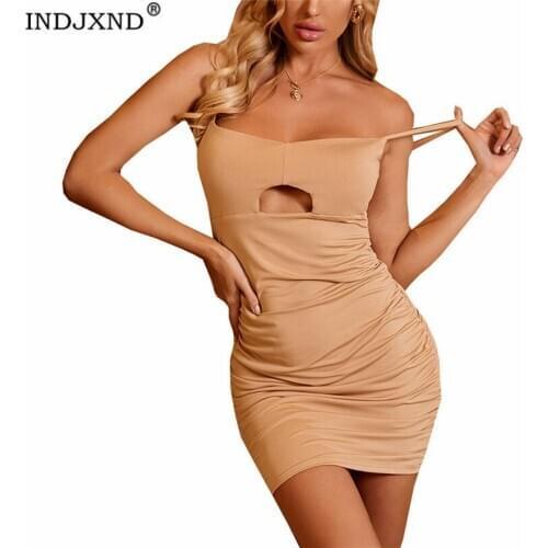 INDJXND Bodycon Party Dress Women Sleeveless Pleated Club Splice Mini Spaghetti Strap Chest Hollow Out Sheath Solid Vestidos