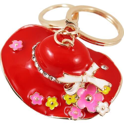Exquisite Red Summer Flower Hat Keyring Rhinestone Crystal Charm Fashion Beauty Jewellery Women Bag Pendant Key Chain Gift