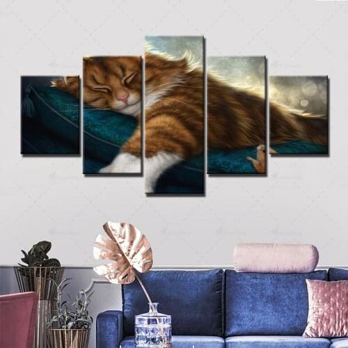 Canvas Painting Home Decor Modular Lazy Cat Picture Modern HD Prints Animal Poster For 5 Pieces Living Room Wall Art Framework