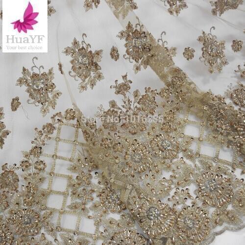 African Lace Fabric 2020 High Quality Lace gold Embroidery lace with pearls french beaded lace fabric for bridal dress