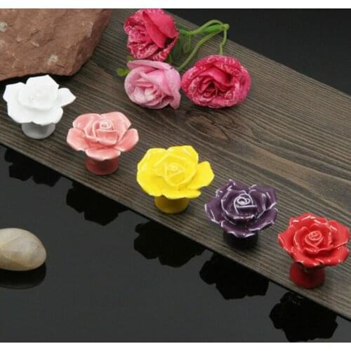 Fashion Cabinet Cupboard Handles Natural Ceramic Handle Flower Rose Drawer Knobs Pulls Rural Furniture Handles Hardware
